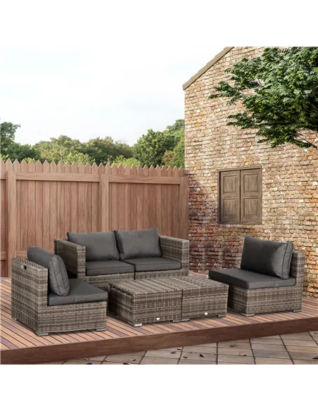 Outsunny 8 Pieces Rattan Garden Furniture Set, Garden Corner Sofa Set with 4 Chairs, 2 Footstools, 2 Coffee Tables and Cushions,