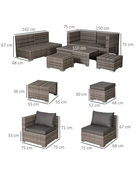 Outsunny 8 Pieces Rattan Garden Furniture Set, Garden Corner Sofa Set with 4 Chairs, 2 Footstools, 2 Coffee Tables and Cushions,