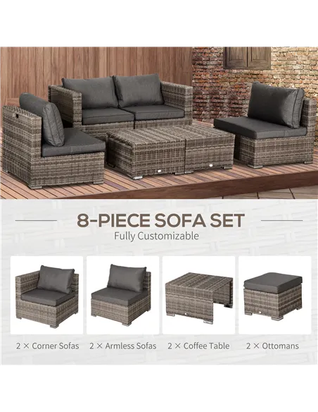 Outsunny 8 Pieces Rattan Garden Furniture Set, Garden Corner Sofa Set with 4 Chairs, 2 Footstools, 2 Coffee Tables and Cushions,