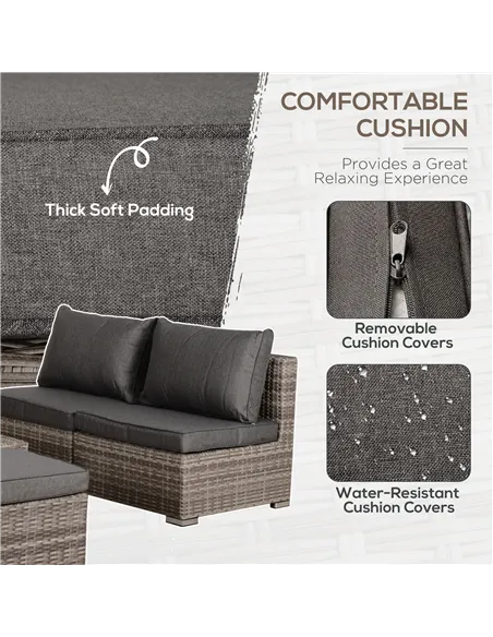 Outsunny 8 Pieces Rattan Garden Furniture Set, Garden Corner Sofa Set with 4 Chairs, 2 Footstools, 2 Coffee Tables and Cushions,