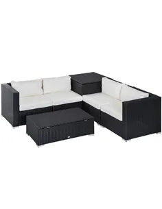 Outsunny 6 Pieces Rattan Garden Furniture Set, 4 Seater Wicker Garden Corner Sofa Set with 2 Storage Tables and Loveseats, Outdo