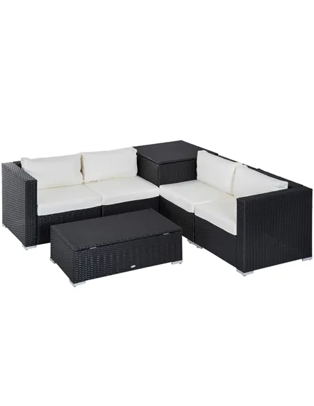 Outsunny 6 Pieces Rattan Garden Furniture Set, 4 Seater Wicker Garden Corner Sofa Set with 2 Storage Tables and Loveseats, Outdo