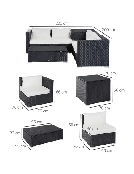 Outsunny 6 Pieces Rattan Garden Furniture Set, 4 Seater Wicker Garden Corner Sofa Set with 2 Storage Tables and Loveseats, Outdo