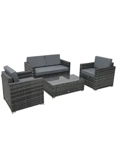 Outsunny 4 Pieces Wicker Steel Rattan Sofa Set Garden Chair Seat Furniture Patio Grey