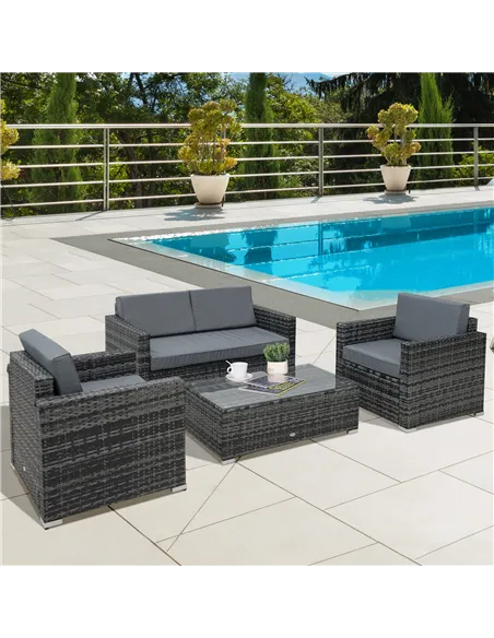 Outsunny 4 Pieces Wicker Steel Rattan Sofa Set Garden Chair Seat Furniture Patio Grey