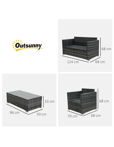 Outsunny 4 Pieces Wicker Steel Rattan Sofa Set Garden Chair Seat Furniture Patio Grey