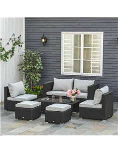 Outsunny 8 Pieces PE Rattan Sofa Set with Cushions, Garden Corner Sofa with 4 Seater Sofa, 2 Footstools and 2 Coffee Table Set,  2