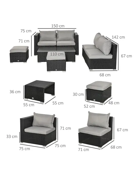 Outsunny 8 Pieces PE Rattan Sofa Set with Cushions, Garden Corner Sofa with 4 Seater Sofa, 2 Footstools and 2 Coffee Table Set, 