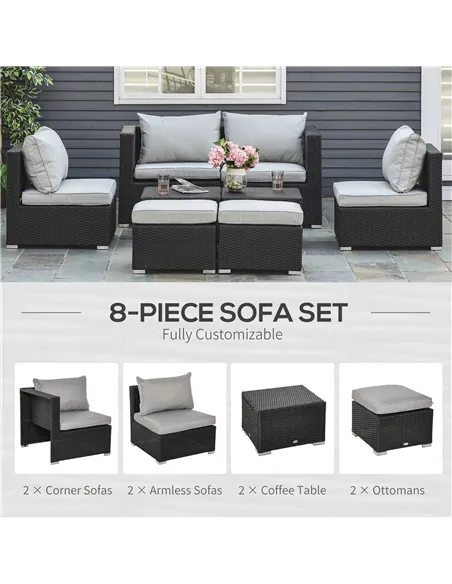 Outsunny 8 Pieces PE Rattan Sofa Set with Cushions, Garden Corner Sofa with 4 Seater Sofa, 2 Footstools and 2 Coffee Table Set, 