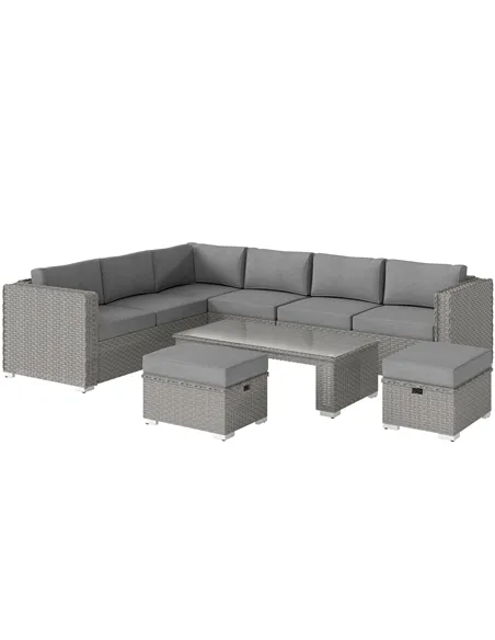 Outsunny 6 Pieces Outdoor PE Rattan Wicker Corner Sofa Set with 10cm Thick Padded Cushions, Aluminium Conservatory Furniture wit