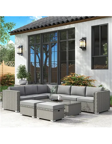 Outsunny 6 Pieces Outdoor PE Rattan Wicker Corner Sofa Set with 10cm Thick Padded Cushions, Aluminium Conservatory Furniture wit