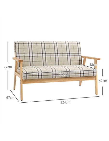 HOMCOM Compact Loveseat Couch Double Seat Sofa with Lattice Pattern and Rubber Wood Frame Beige and Coffee