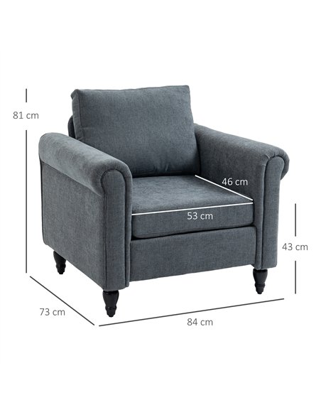 HOMCOM Vintage Accent Chair, Upholstered Occasional Chair with Back Pillow, Rolled Arms,  Rubber Wood Legs, Grey