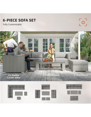 Outsunny 6 Pieces Outdoor PE Rattan Wicker Corner Sofa Set with 10cm Thick Padded Cushions, Aluminium Conservatory Furniture wit