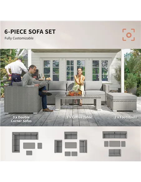 Outsunny 6 Pieces Outdoor PE Rattan Wicker Corner Sofa Set with 10cm Thick Padded Cushions, Aluminium Conservatory Furniture wit