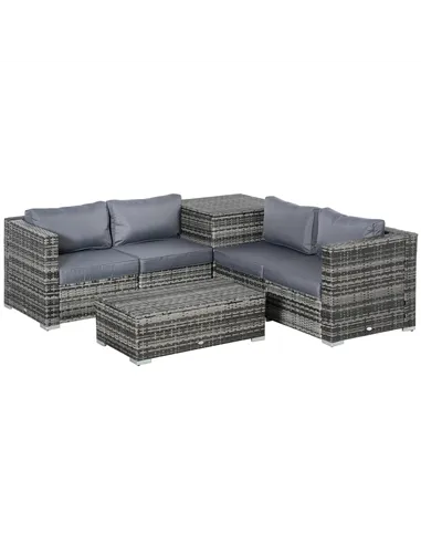 Outsunny 6PC Rattan Corner Sofa Set Wicker 4 Seater Garden Storage Coffee Table Conversation Ottoman Outdoor Weave Furniture w/ 