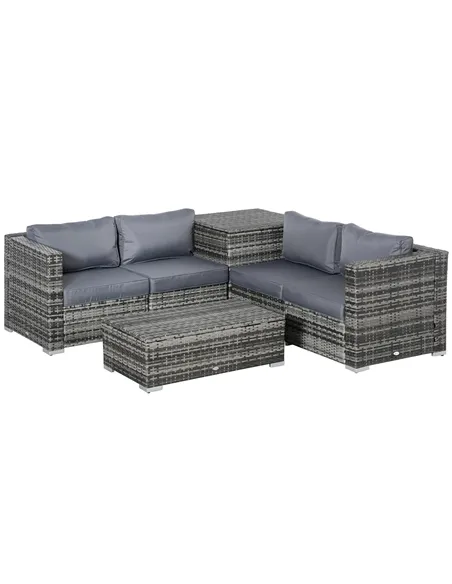 Outsunny 6PC Rattan Corner Sofa Set Wicker 4 Seater Garden Storage Coffee Table Conversation Ottoman Outdoor Weave Furniture w/ 