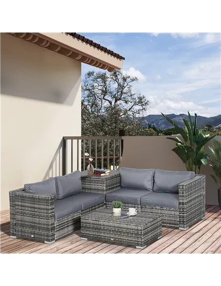 Outsunny 6PC Rattan Corner Sofa Set Wicker 4 Seater Garden Storage Coffee Table Conversation Ottoman Outdoor Weave Furniture w/ 
