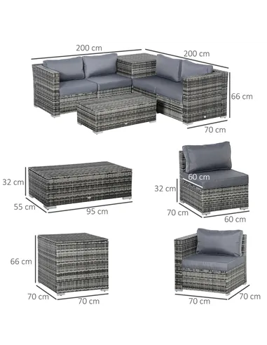 Outsunny 6PC Rattan Corner Sofa Set Wicker 4 Seater Garden Storage Coffee Table Conversation Ottoman Outdoor Weave Furniture w/ 
