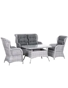 Outsunny Garden PE Rattan Dining Sofa Set, Outdoor 4 Seater Wicker Furniture, High Back Chairs with Cushions, Tempered Glass Cof
