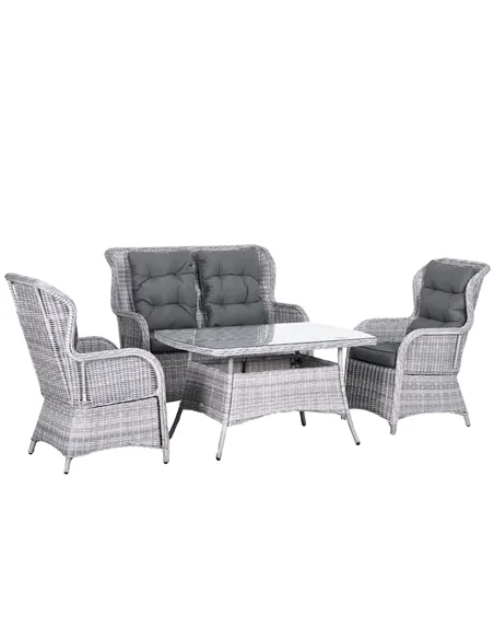 Outsunny Garden PE Rattan Dining Sofa Set, Outdoor 4 Seater Wicker Furniture, High Back Chairs with Cushions, Tempered Glass Cof