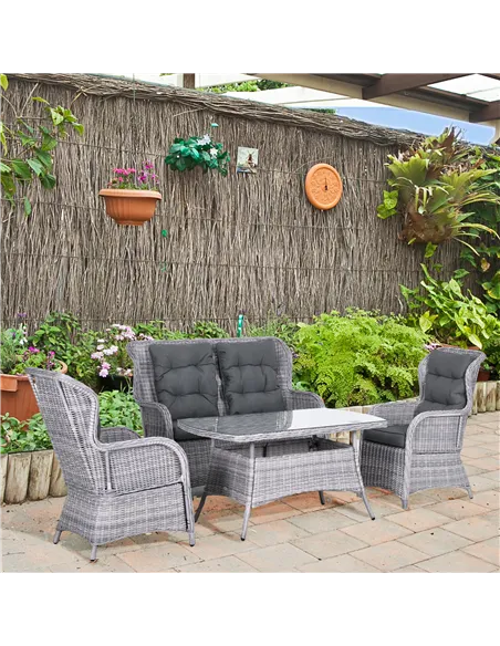 Outsunny Garden PE Rattan Dining Sofa Set, Outdoor 4 Seater Wicker Furniture, High Back Chairs with Cushions, Tempered Glass Cof