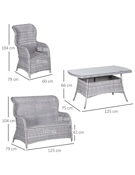 Outsunny Garden PE Rattan Dining Sofa Set, Outdoor 4 Seater Wicker Furniture, High Back Chairs with Cushions, Tempered Glass Cof