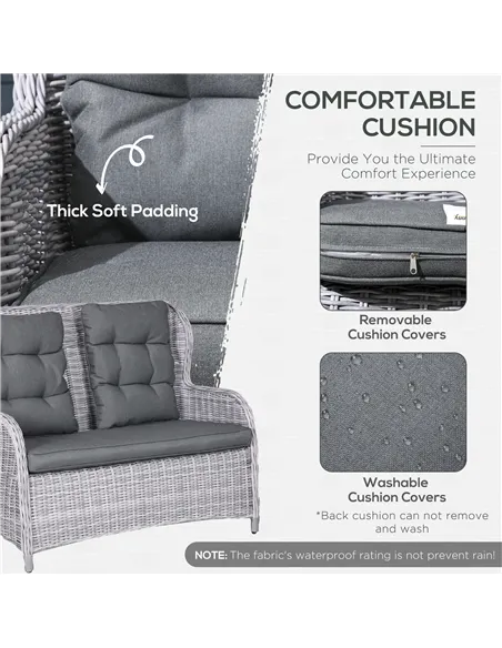 Outsunny Garden PE Rattan Dining Sofa Set, Outdoor 4 Seater Wicker Furniture, High Back Chairs with Cushions, Tempered Glass Cof