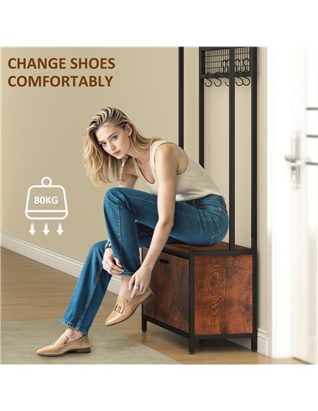 HOMCOM 5-In-1 Industrial-Style Hallway Tree - Brown/Black