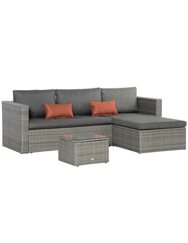 Outsunny 3 Pieces Outdoor PE Rattan Sofa Set, Patio Wicker Conversation Chaise Lounge Furniture w/ Tempered Glass Table-top & So