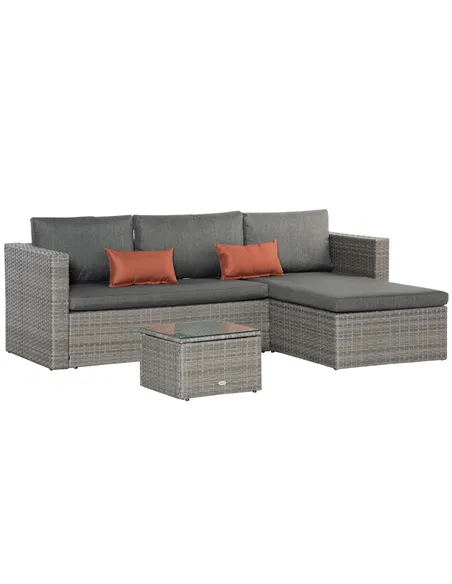 Outsunny 3 Pieces Outdoor PE Rattan Sofa Set, Patio Wicker Conversation Chaise Lounge Furniture w/ Tempered Glass Table-top & So