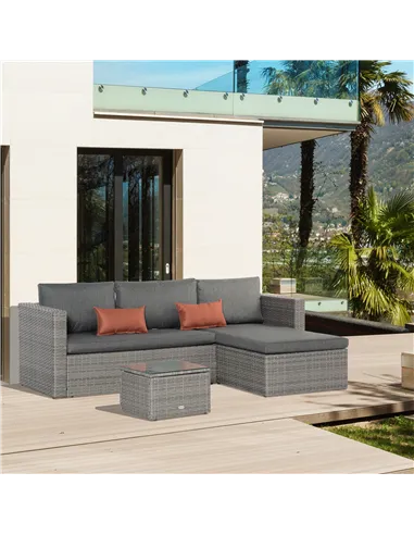 Outsunny 3 Pieces Outdoor PE Rattan Sofa Set, Patio Wicker Conversation Chaise Lounge Furniture w/ Tempered Glass Table-top & So