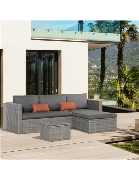 Outsunny 3 Pieces Outdoor PE Rattan Sofa Set, Patio Wicker Conversation Chaise Lounge Furniture w/ Tempered Glass Table-top & So