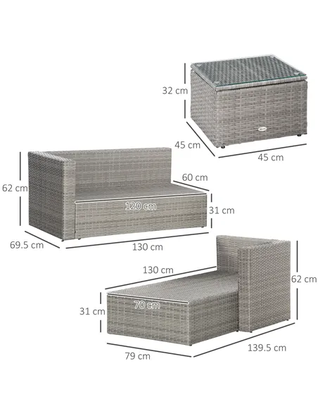 Outsunny 3 Pieces Outdoor PE Rattan Sofa Set, Patio Wicker Conversation Chaise Lounge Furniture w/ Tempered Glass Table-top & So