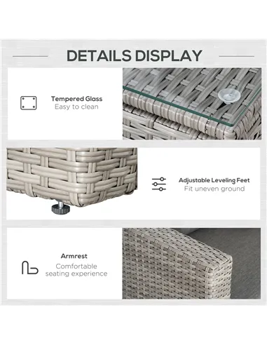 Outsunny 3 Pieces Outdoor PE Rattan Sofa Set, Patio Wicker Conversation Chaise Lounge Furniture w/ Tempered Glass Table-top & So