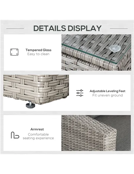 Outsunny 3 Pieces Outdoor PE Rattan Sofa Set, Patio Wicker Conversation Chaise Lounge Furniture w/ Tempered Glass Table-top & So