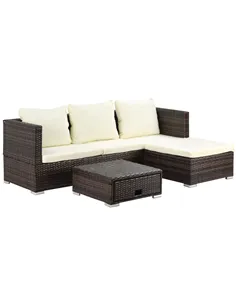 Outsunny 3 Pieces Rattan Garden Furniture Sofa Set, 4 Seater Garden Corner Sofa with 5-Level Reclining Sun Lounger and Storage C