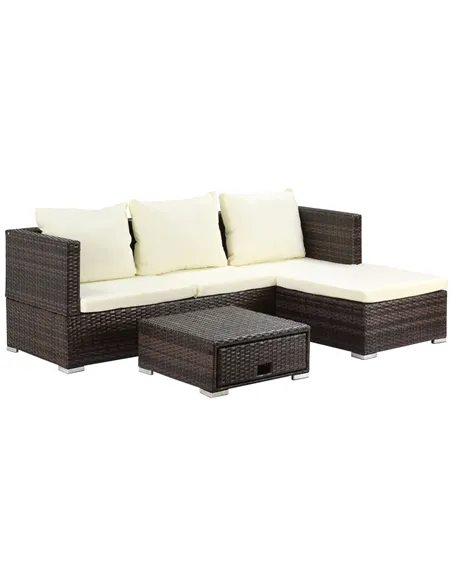 Outsunny 3 Pieces Rattan Garden Furniture Sofa Set, 4 Seater Garden Corner Sofa with 5-Level Reclining Sun Lounger and Storage C