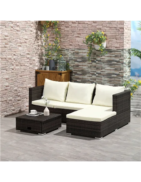 Outsunny 3 Pieces Rattan Garden Furniture Sofa Set, 4 Seater Garden Corner Sofa with 5-Level Reclining Sun Lounger and Storage C