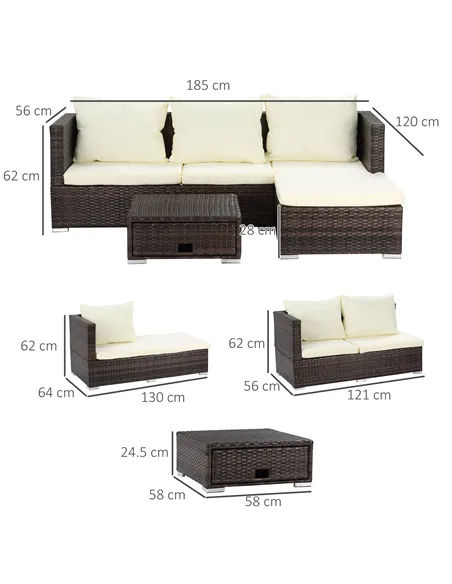 Outsunny 3 Pieces Rattan Garden Furniture Sofa Set, 4 Seater Garden Corner Sofa with 5-Level Reclining Sun Lounger and Storage C