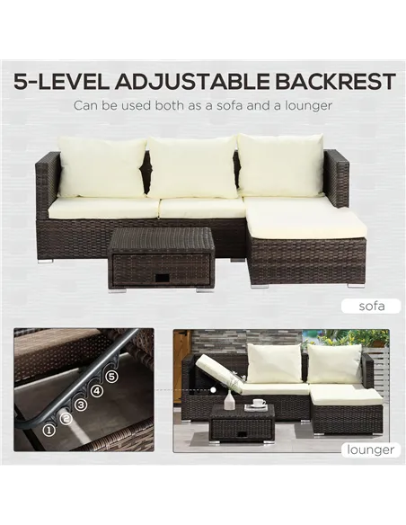 Outsunny 3 Pieces Rattan Garden Furniture Sofa Set, 4 Seater Garden Corner Sofa with 5-Level Reclining Sun Lounger and Storage C