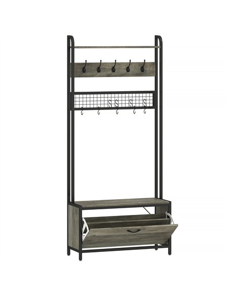 HOMCOM 5-In-1 Industrial-Style Hallway Tree - Grey/Black