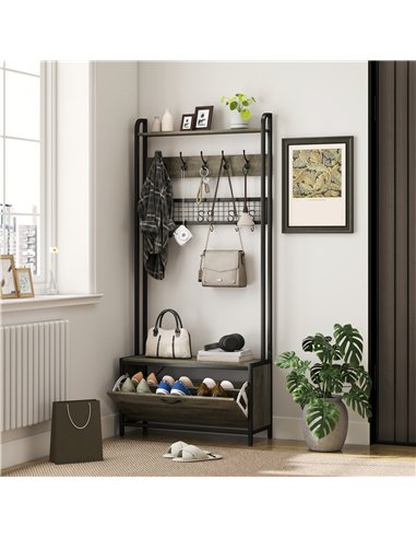 HOMCOM 5-In-1 Industrial-Style Hallway Tree - Grey/Black
