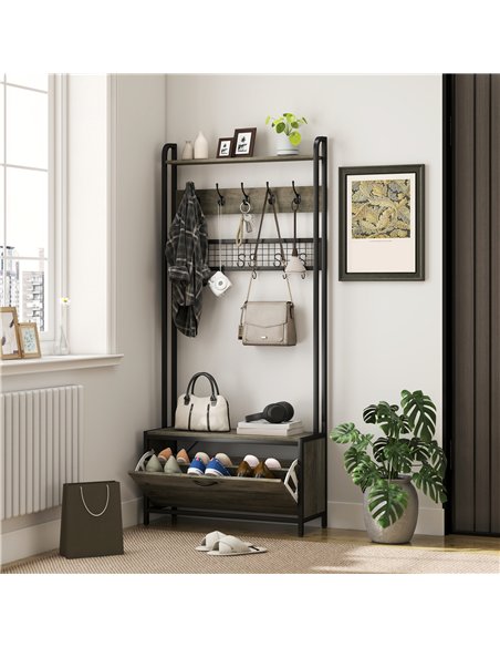 HOMCOM 5-In-1 Industrial-Style Hallway Tree - Grey/Black