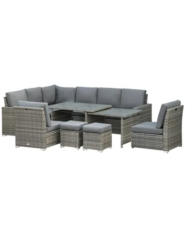 Outsunny Seven-Piece Rattan Garden Sofa Set, with Expanding Table - Grey