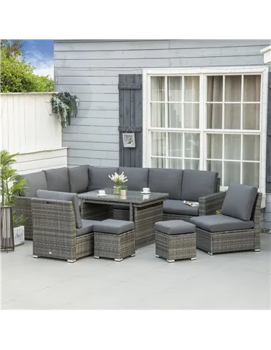 Outsunny Seven-Piece Rattan Garden Sofa Set, with Expanding Table - Grey
