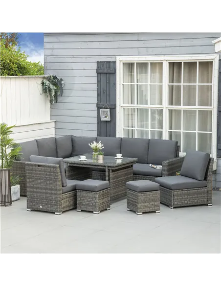 Outsunny Seven-Piece Rattan Garden Sofa Set, with Expanding Table - Grey