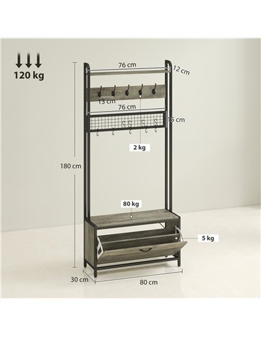 HOMCOM 5-In-1 Industrial-Style Hallway Tree - Grey/Black
