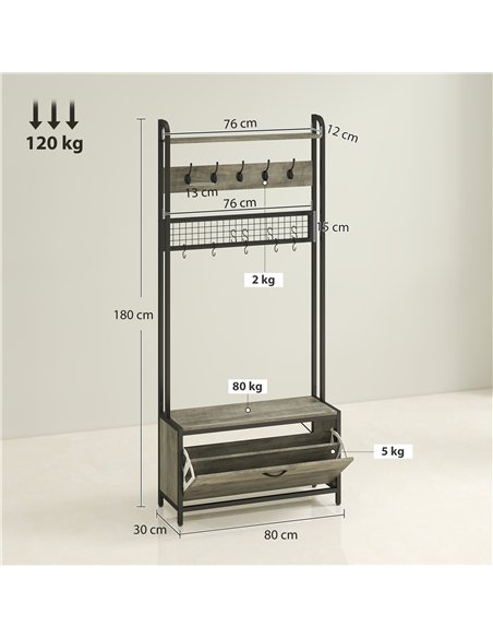 HOMCOM 5-In-1 Industrial-Style Hallway Tree - Grey/Black