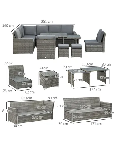 Outsunny Seven-Piece Rattan Garden Sofa Set, with Expanding Table - Grey